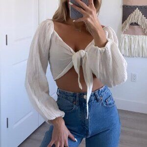 Abercrombie & Fitch Top cotton gauze tie super crop womens White (medium) beach